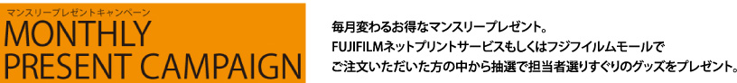 毎月変わるお得なマンスリープレゼント。 FUJIFILMネットプリントサービスもしくはフジフイルムモールで ご注文いただいた方の中から抽選で担当者選りすぐりのグッズをプレゼント。 